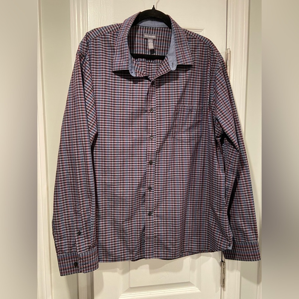 Van Heusen Size XXL 18.5” Blue Black Red Check Long sleeve Button Down Shirt